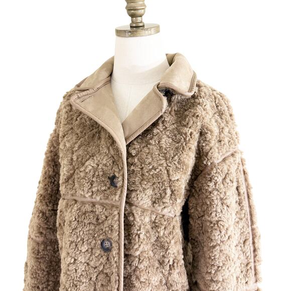 H&M Tan Faux Shearling Coat Women's Sz XS Button Up Teddy Sherpa Boxy Fit EUC - Picture 4 of 11